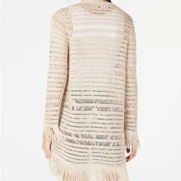 Inc International Gold Crochet Long Lines Fringe Open Cardigan Sweater Size M - Picture 2 of 8
